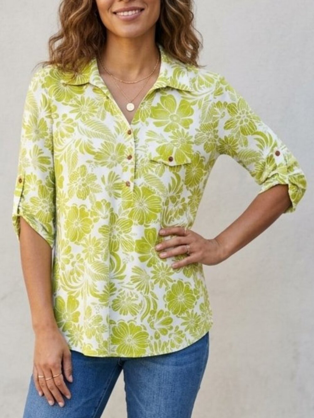 Emily Daniels Floral Lime Green Polo Size S